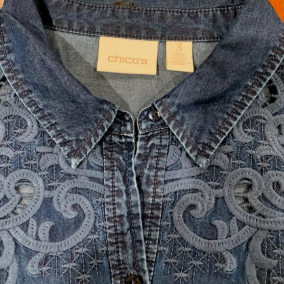 Chicos Tess Denim Shirt Women’s Chambray Embroidered Size XL - Picture 6 of 11